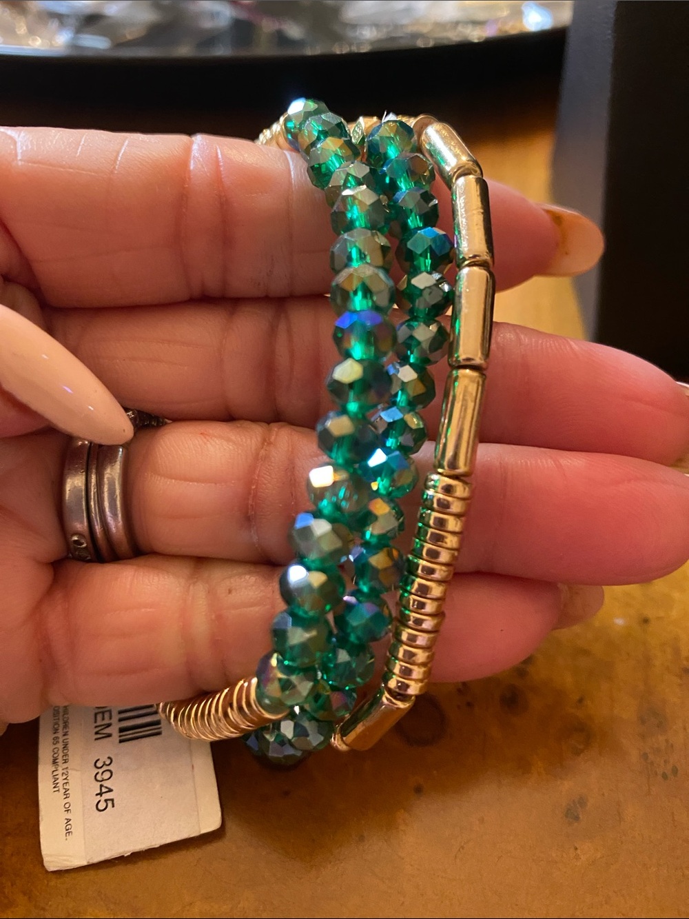 Green Crystal Stretch Bracelet Set with Gold Accents